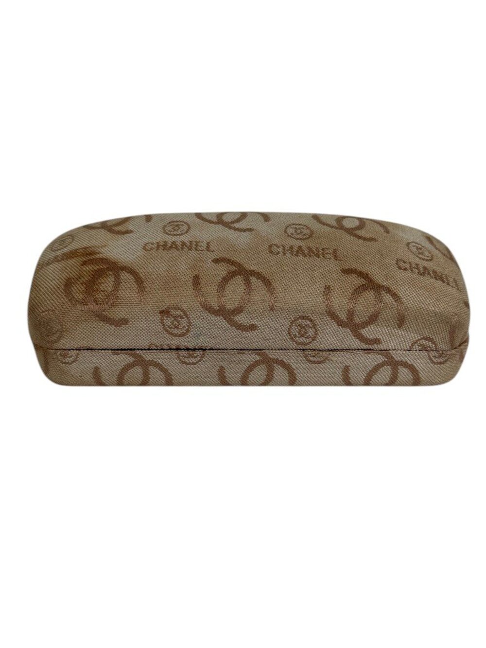 CHANEL CC Monogram Logo Tan Fabric Clamshell Eyeglass Sunglass Case